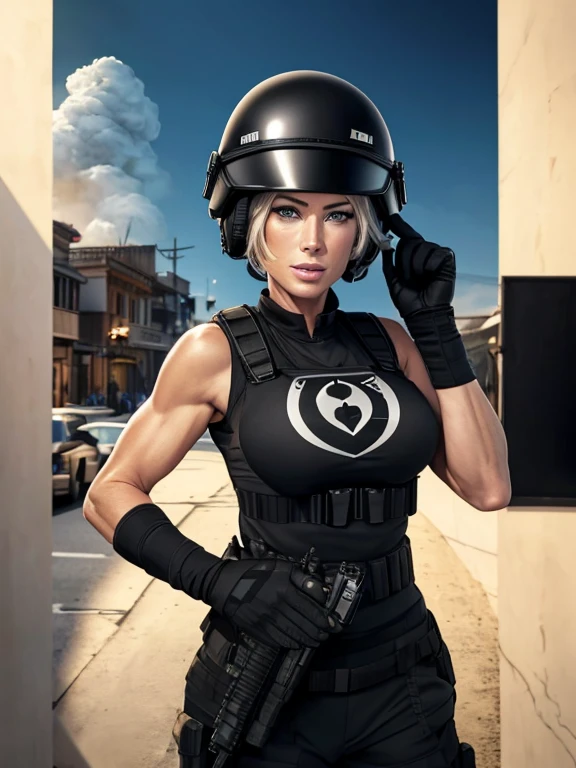 4k, best quality, RAW photo of Doutzen Kroes, 50 years old, mature woman, artwork, best quality, (photorealistic:1.4), Beautiful woman, medium breasts, Platinum hair, short bob (short haircut:1.2) , smile, Wrinkles on face, Special forces uniforms、Black tactical vest、Black military pants、Black combat gloves、Backpack、Black military t-shirt、SWAT helmet, Detailed facial and chest representations、Detailed hand representation、combat pose 、dynamic action、on the city street、white smoke、watching spectators