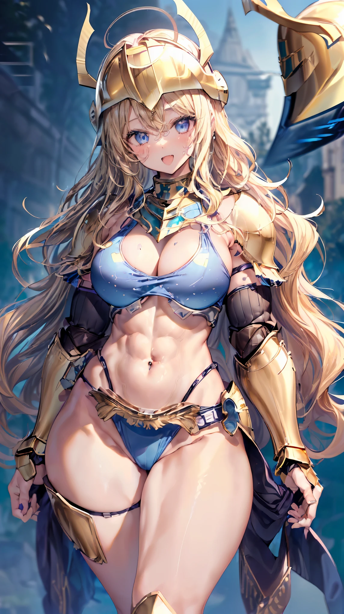 (Adult women:1.5)、Very detailed、highest quality、Best image quality、masterpiece、8k、Anime Face、A kind smile、(Open your mouth:1.5)、Sparkling blue eyes、(Blonde Wavy Hair:1.5)、、Muscles of the whole body、(High leg:1.5)、(Thigh belt:1.5)、(Wearing gold bikini armor:1.5)、(Cowboy Shot:1.5)、(Leg armor:1.5)、(Wearing a helmet:1.5)
