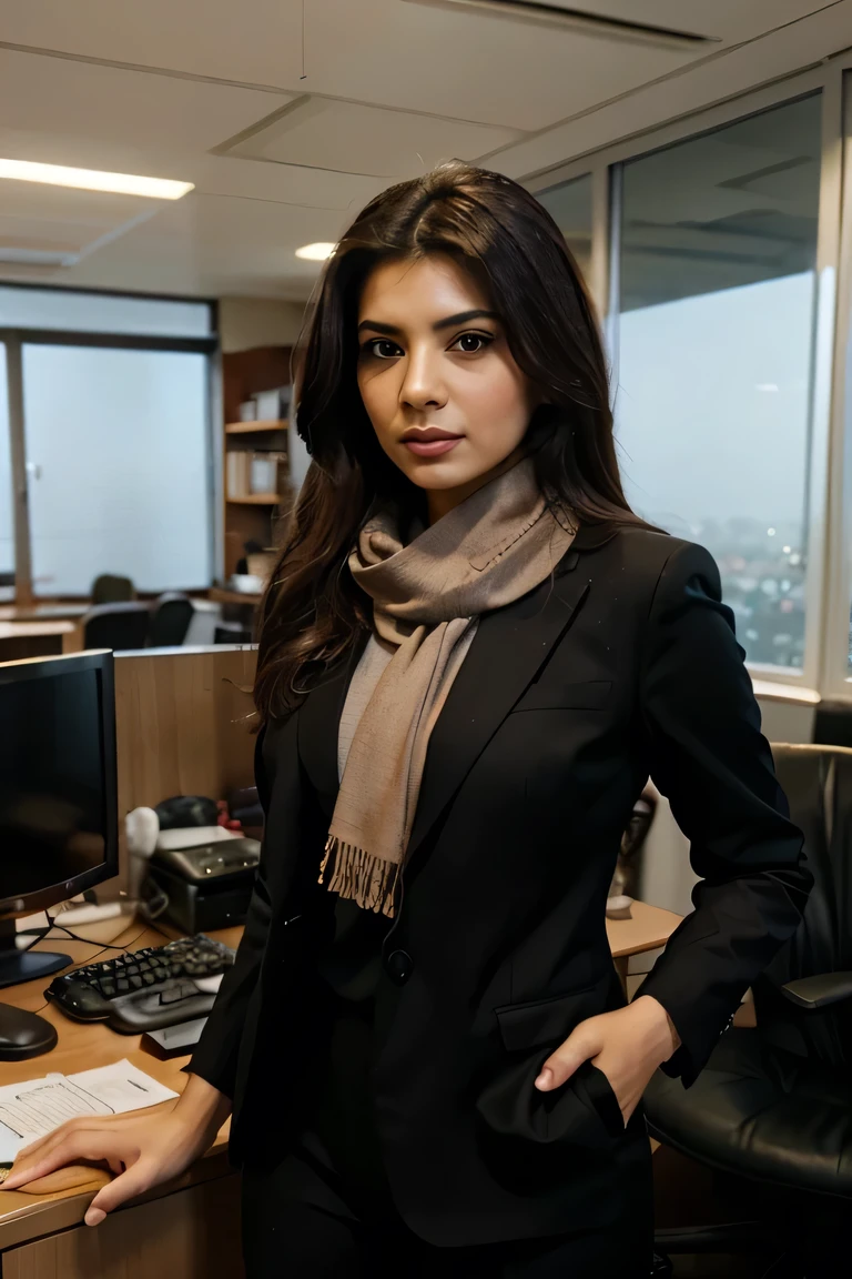 Pretty persian lady co worker in a office with a suit and blue scarf islamic style realstic stand up
Portraite