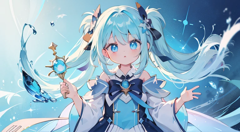 One girl、magical 、blue hairs、blue eyesagical Girl Costumeagic cane、​masterpiece、top-quality、Top image quality、cute little、magia、Using magic