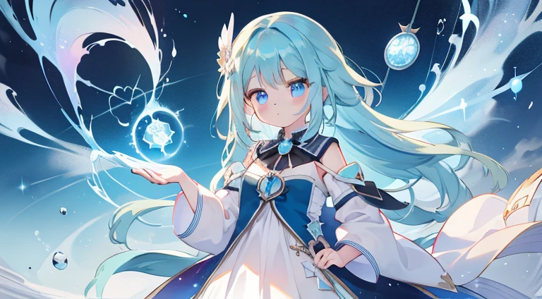 One girl、magical 、blue hairs、blue eyesagical Girl Costumeagic cane、masterpiece、top-quality、Top image quality、cute little、magia、Using magic