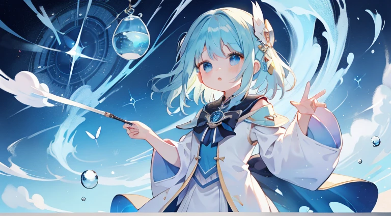 One girl、magical 、blue hairs、blue eyesagical Girl Costumeagic cane、​masterpiece、top-quality、Top image quality、cute little、magia、Using magic