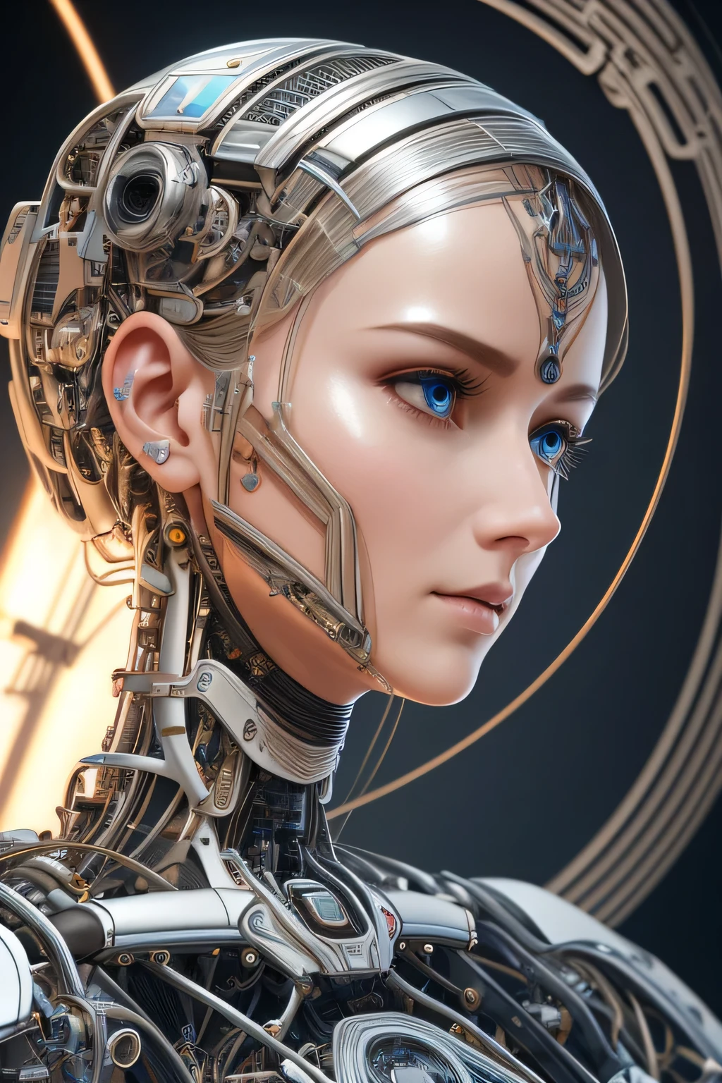 complex 3d render ultra detailed of a beautiful porcelain profile woman android face, cyborg, robotic parts, 150 mm, beautiful studio soft light, rim light, vibrant details, luxurious cyberpunk, lace, hyperrealistic, anatomical, facial muscles, cable electric wires, microchip, elegant, beautiful background, octane render, H. R. Giger style, 8k, best quality, masterpiece, illustration, an extremely delicate and beautiful, extremely detailed ,CG ,unity ,wallpaper, (realistic, photo-realistic:1.37),Amazing, finely detail, masterpiece,best quality,official art, extremely detailed CG unity 8k wallpaper, absurdres, incredibly absurdres,  robot, silver halmet, full body  