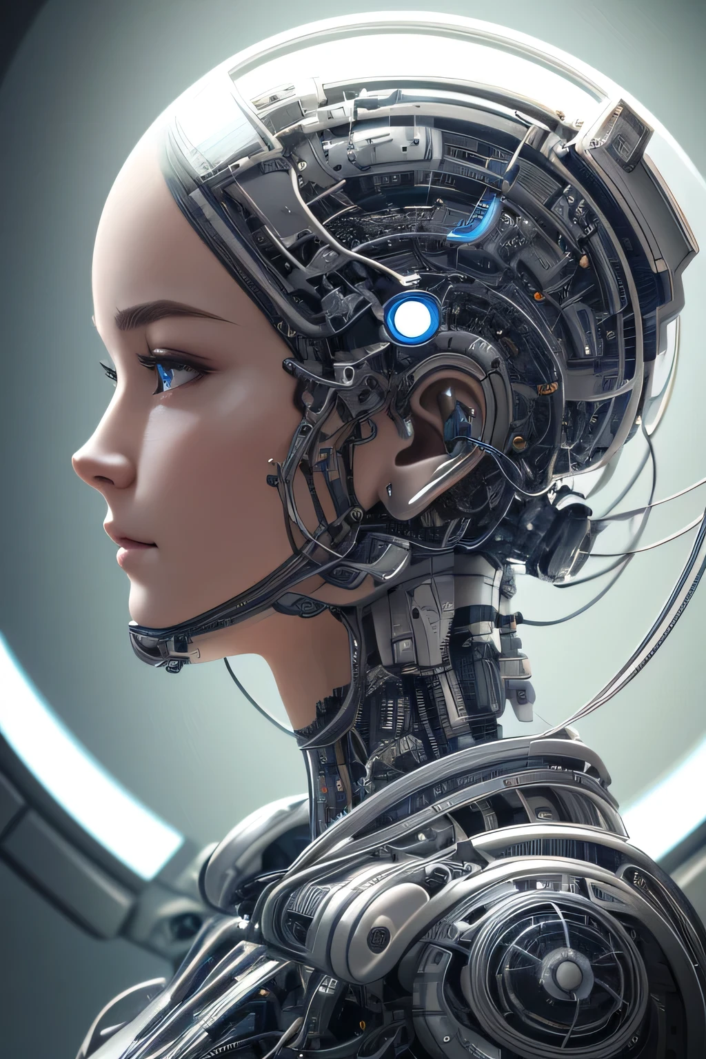 complex 3d render ultra detailed of a beautiful porcelain profile woman android face, cyborg, robotic parts, 150 mm, beautiful studio soft light, rim light, vibrant details, luxurious cyberpunk, lace, hyperrealistic, anatomical, facial muscles, cable electric wires, microchip, elegant, beautiful background, octane render, H. R. Giger style, 8k, best quality, masterpiece, illustration, an extremely delicate and beautiful, extremely detailed ,CG ,unity ,wallpaper, (realistic, photo-realistic:1.37),Amazing, finely detail, masterpiece,best quality,official art, extremely detailed CG unity 8k wallpaper, absurdres, incredibly absurdres,  robot, silver halmet, full body  