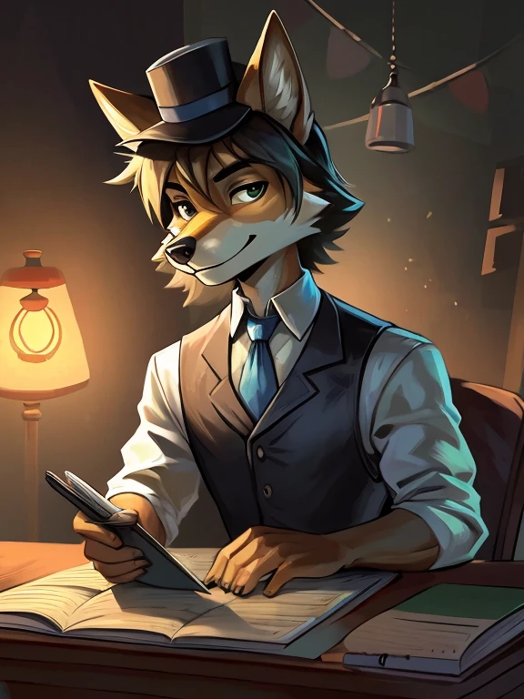 Male,coyote,old time bookkeeper,Black vest with white sleeves and blue tie,reporter,notebook,In the old time office,Green lampshade incandescent lamp,Green Reporter Visor Hat
