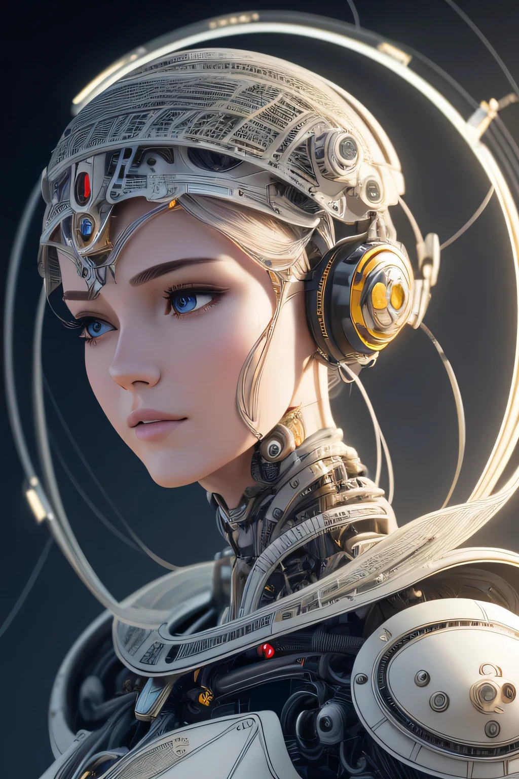 complex 3d render ultra detailed of a beautiful porcelain profile woman android face, cyborg, robotic parts, 150 mm, beautiful studio soft light, rim light, vibrant details, luxurious cyberpunk, lace, hyperrealistic, anatomical, facial muscles, cable electric wires, microchip, elegant, beautiful background, octane render, H. R. Giger style, 8k, best quality, masterpiece, illustration, an extremely delicate and beautiful, extremely detailed ,CG ,unity ,wallpaper, (realistic, photo-realistic:1.37),Amazing, finely detail, masterpiece,best quality,official art, extremely detailed CG unity 8k wallpaper, absurdres, incredibly absurdres,  robot, silver halmet, full body  