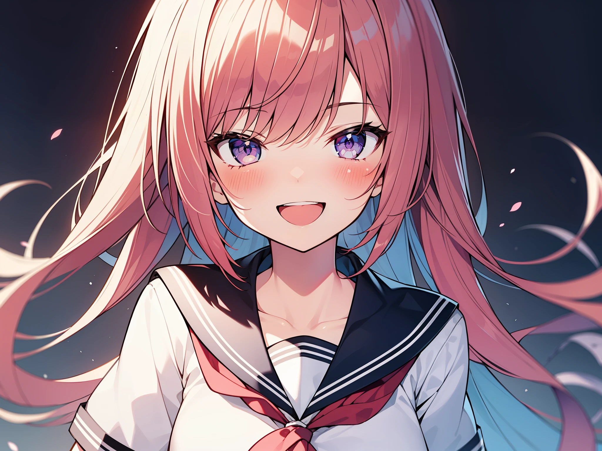 rating:safe, 1girl, solo, long_hair, red_hair, school_uniform, open_mouth, purple_eyes, gradient_background, gradient, bow, smile, looking_at_viewer, blush, short_sleeves, upper_body, serafuku, hair_bow, :d, breasts, shirt, collarbone, blue_bow, neckerchief, striped, white_sailor_collar, eyebrows_visible_through_hair, bangs