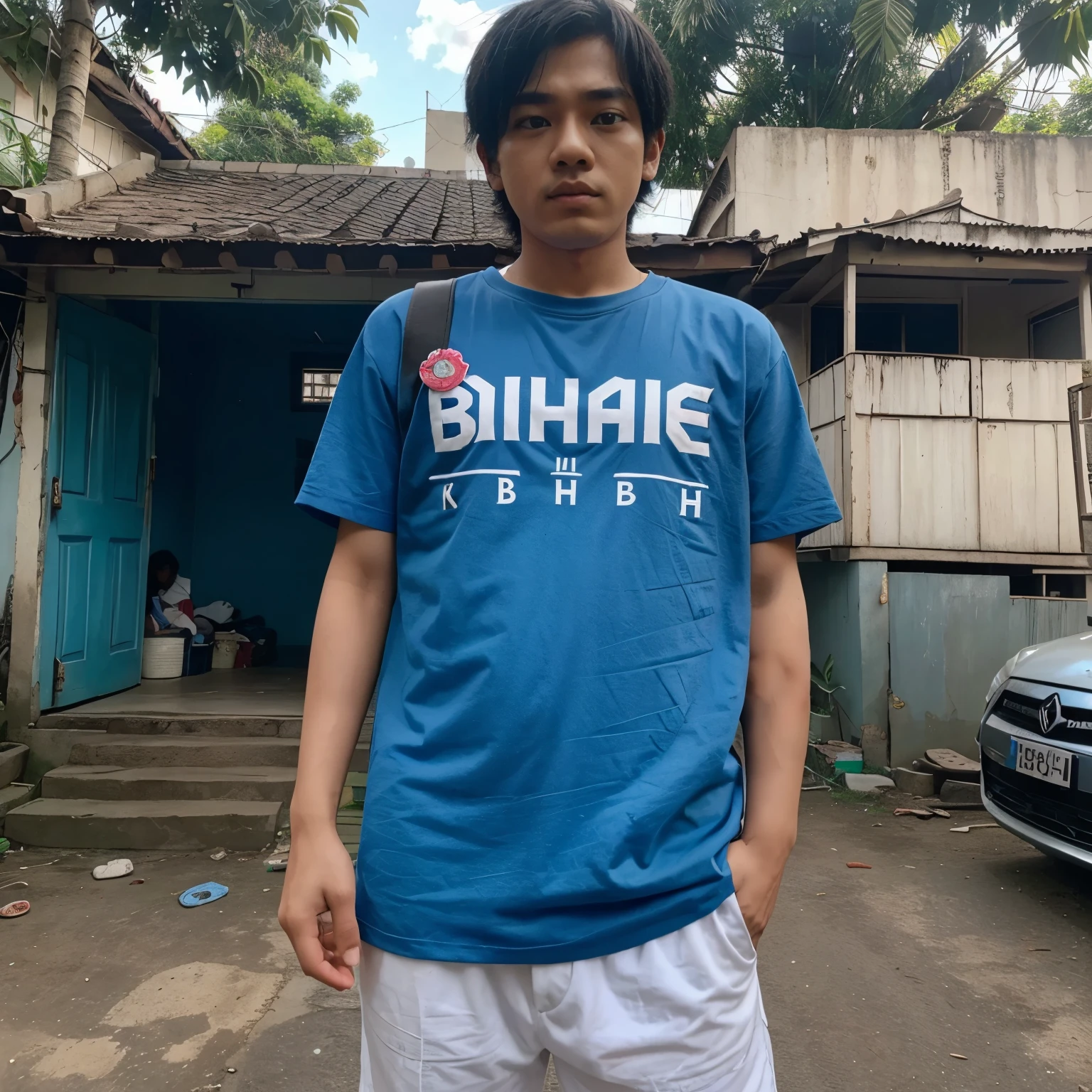 pagi yang cerah, anak laki-laki berumur 4 Tahun memakai baju berwarna biru bermain di halaman rumah dengan memegang mobil mainan di tangan kirinya