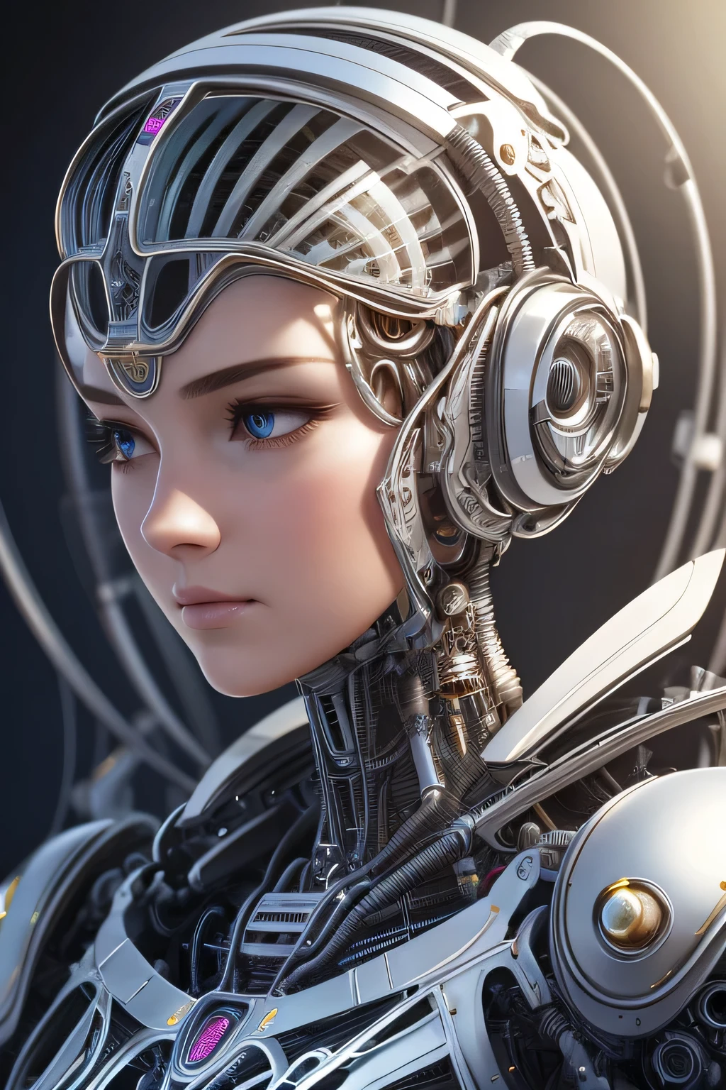 complex 3d render ultra detailed of a beautiful porcelain profile woman android face, cyborg, robotic parts, 150 mm, beautiful studio soft light, rim light, vibrant details, luxurious cyberpunk, lace, hyperrealistic, anatomical, facial muscles, cable electric wires, microchip, elegant, beautiful background, octane render, H. R. Giger style, 8k, best quality, masterpiece, illustration, an extremely delicate and beautiful, extremely detailed ,CG ,unity ,wallpaper, (realistic, photo-realistic:1.37),Amazing, finely detail, masterpiece,best quality,official art, extremely detailed CG unity 8k wallpaper, absurdres, incredibly absurdres,  robot, silver halmet, full body  