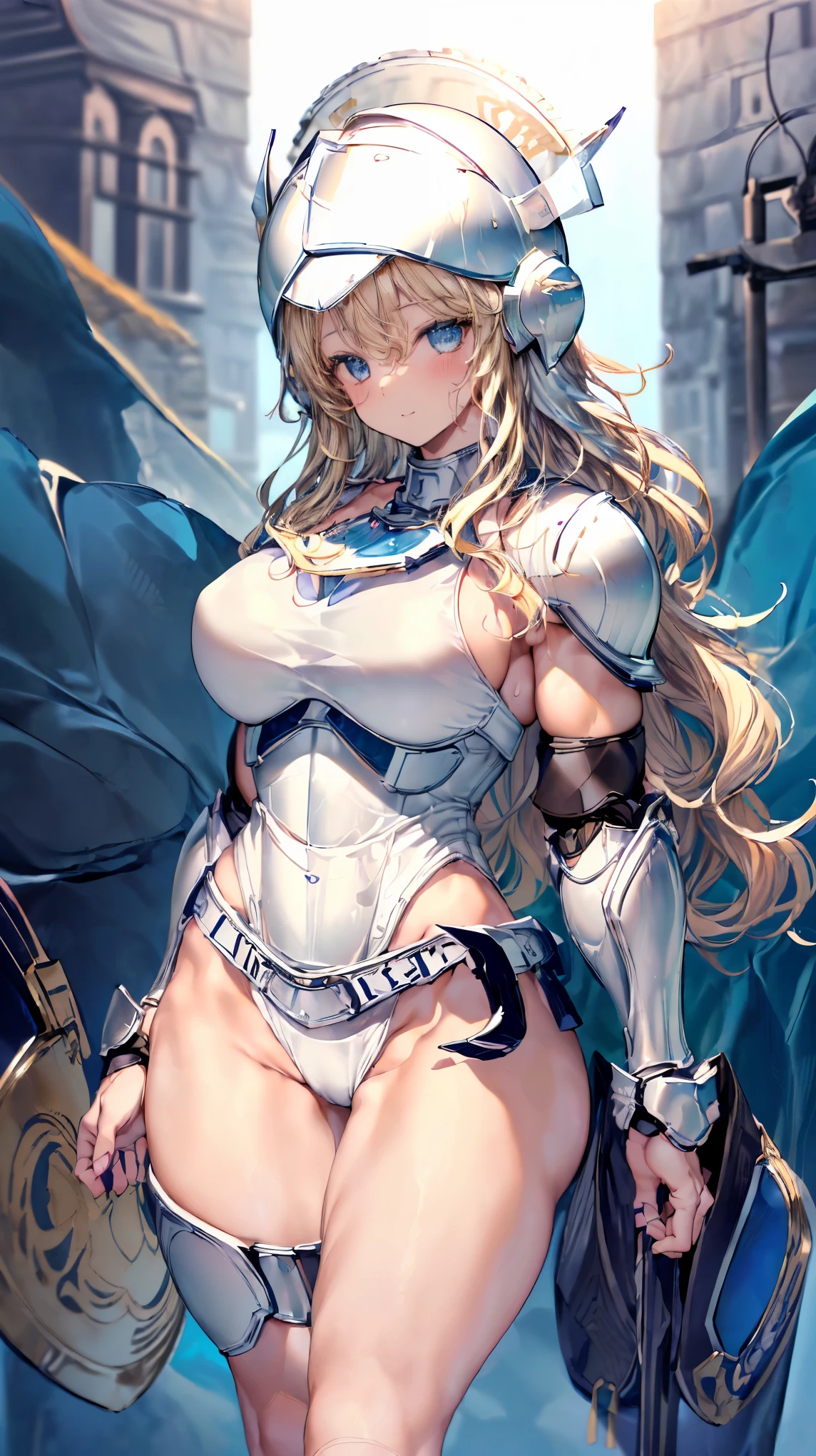 (Adult women:1.5)、Very detailed、highest quality、Best image quality、masterpiece、8k、Anime Face、A kind smile、Open your mouth、Sparkling blue eyes、(Blonde Wavy Hair:1.5)、、Muscles of the whole body、(High leg:1.5)、(Thigh belt:1.5)、(Wearing white bikini armor:1.5)、(Cowboy Shot:1.5)、(Leg armor:1.5)、(Wearing a helmet:1.5)