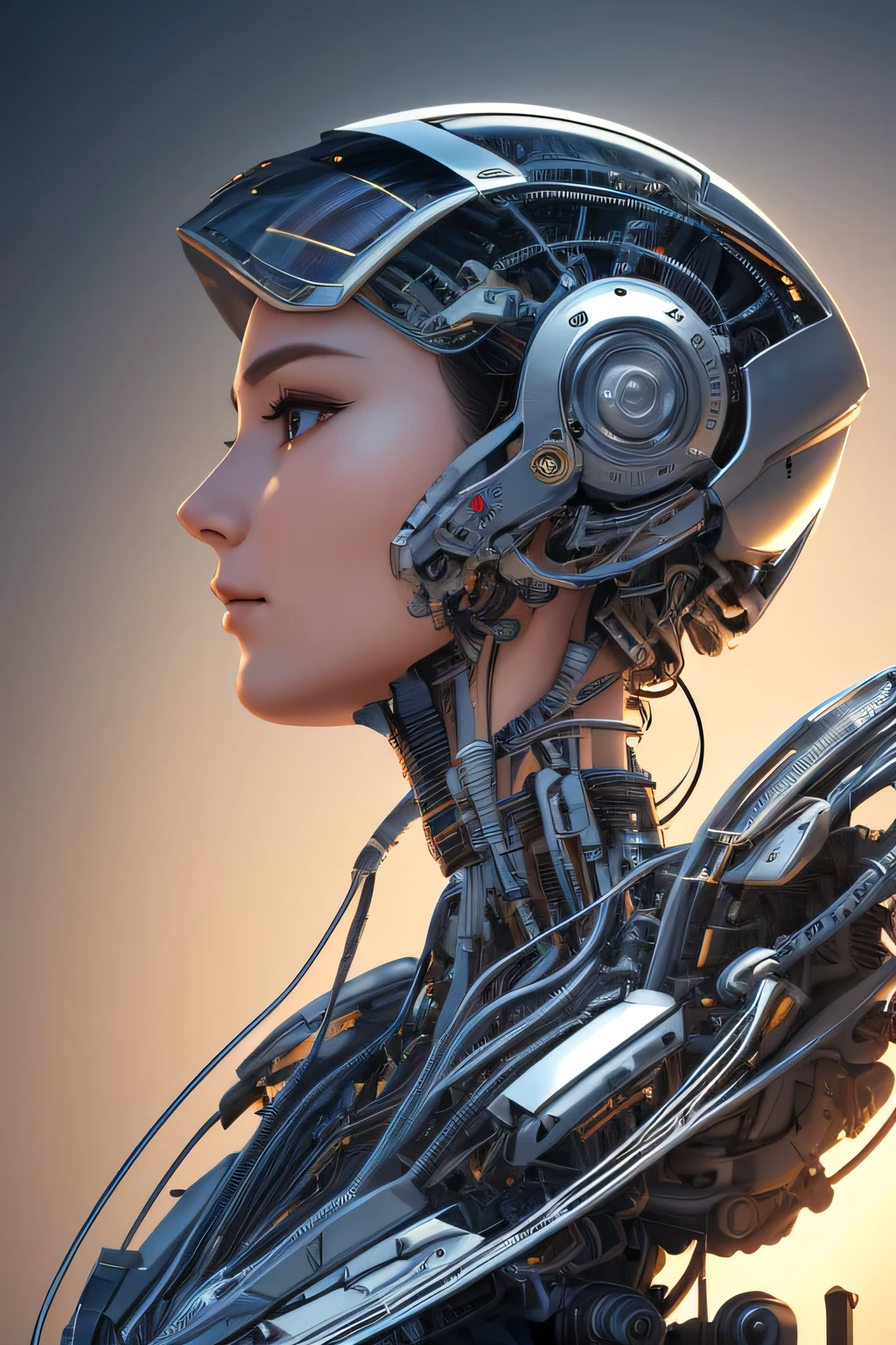 complex 3d render ultra detailed of a beautiful porcelain profile woman android face, cyborg, robotic parts, 150 mm, beautiful studio soft light, rim light, vibrant details, luxurious cyberpunk, lace, hyperrealistic, anatomical, facial muscles, cable electric wires, microchip, elegant, beautiful background, octane render, H. R. Giger style, 8k, best quality, masterpiece, illustration, an extremely delicate and beautiful, extremely detailed ,CG ,unity ,wallpaper, (realistic, photo-realistic:1.37),Amazing, finely detail, masterpiece,best quality,official art, extremely detailed CG unity 8k wallpaper, absurdres, incredibly absurdres,  robot, silver halmet, full body  