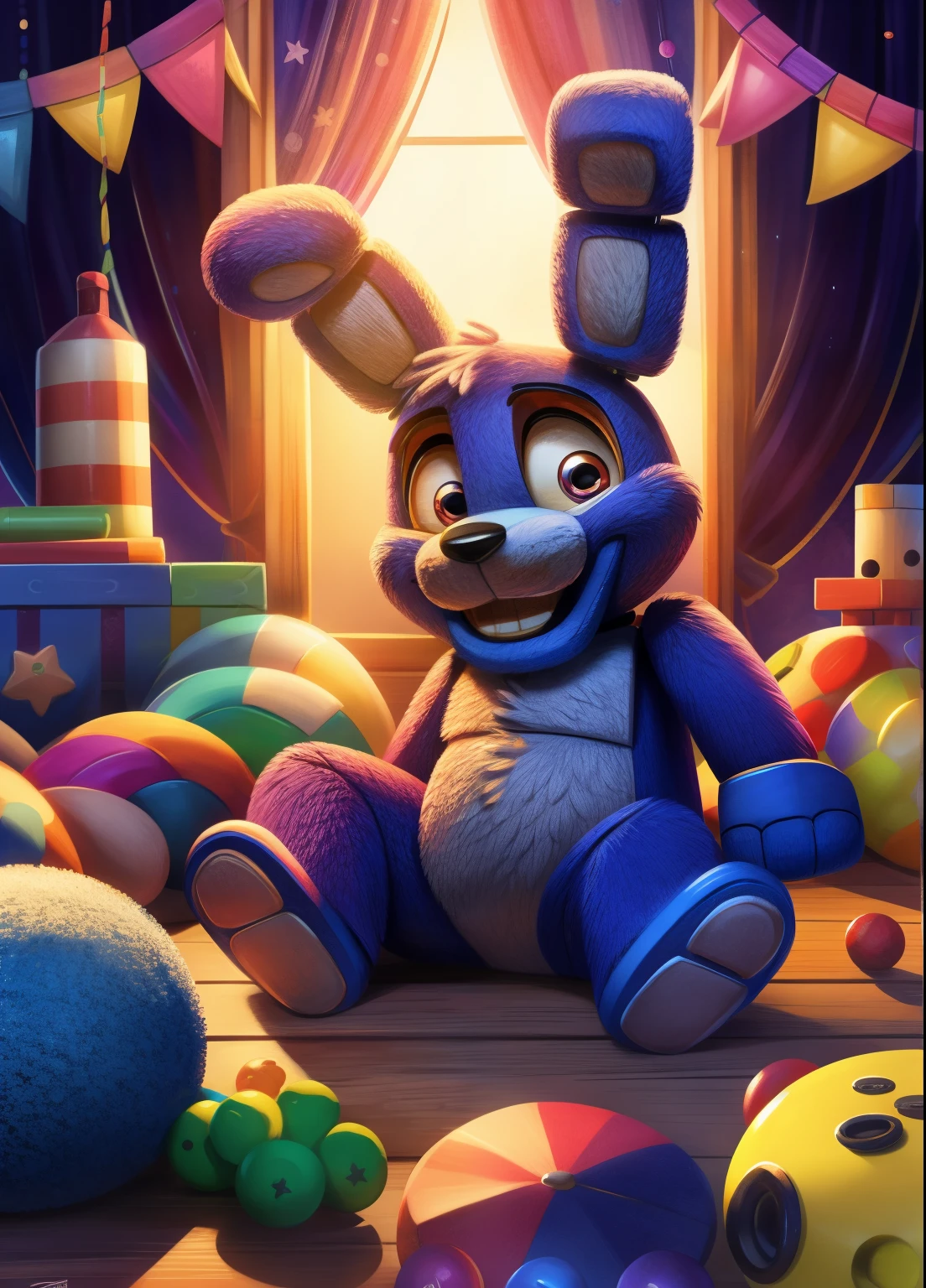 (best quality,highres:1.2), realistic, detailed illustration, Toy Bonnie from Five Nights at Freddy's, playful and vibrant colors, cute and friendly expressions, adorable and fuzzy texture, in a style for kids, with emphasis on the facial features such as big round eyes, a small button nose, and a wide smile, showcasing its charming personality, joyful and energetic pose with its feet visible, surrounded by colorful toys and props, a lively and dynamic background depicting a fun and imaginative setting, soft and gentle lighting to enhance the cozy and inviting atmosphere.