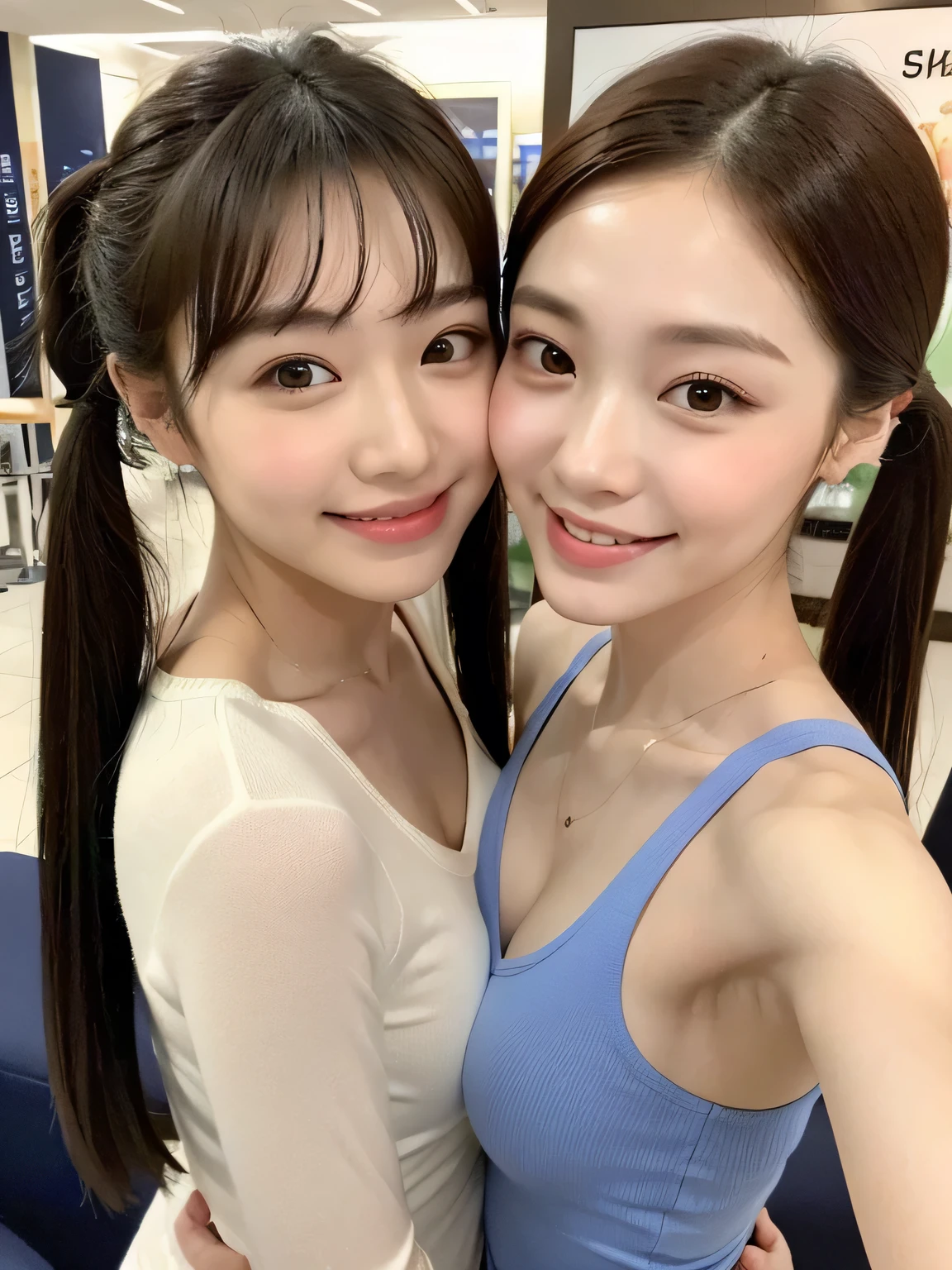Two people、Smiling while shopping、fun、、whole body、slender、woman、White drool coming out of the mouth、Short hair, fair skin,Twin tails,、Super cute、Soft and Face、Brown Hair、8k resolution、Surreal、Ultra high definition、 Soft Body Tight Ass Night、A-cup small breasts((Highest resolution、8k、masterpiece:1.3))、Ultra-fine face、Ultra Fine Lips、Beautiful Eyes、double eyelid,Girls' High 、Red lender's figure、I can see your thighs、Shapely small breasts、