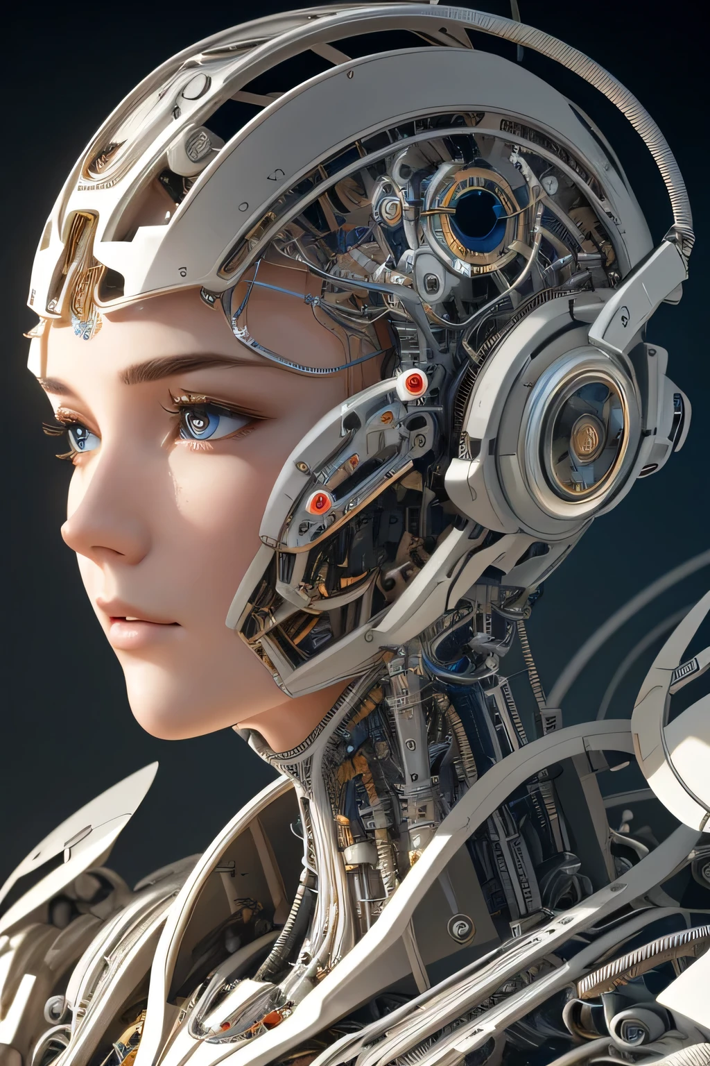 complex 3d render ultra detailed of a beautiful porcelain profile woman android face, cyborg, robotic parts, 150 mm, beautiful studio soft light, rim light, vibrant details, luxurious cyberpunk, lace, hyperrealistic, anatomical, facial muscles, cable electric wires, microchip, elegant, beautiful background, octane render, H. R. Giger style, 8k, best quality, masterpiece, illustration, an extremely delicate and beautiful, extremely detailed ,CG ,unity ,wallpaper, (realistic, photo-realistic:1.37),Amazing, finely detail, masterpiece,best quality,official art, extremely detailed CG unity 8k wallpaper, absurdres, incredibly absurdres,  robot, silver halmet, full body  
