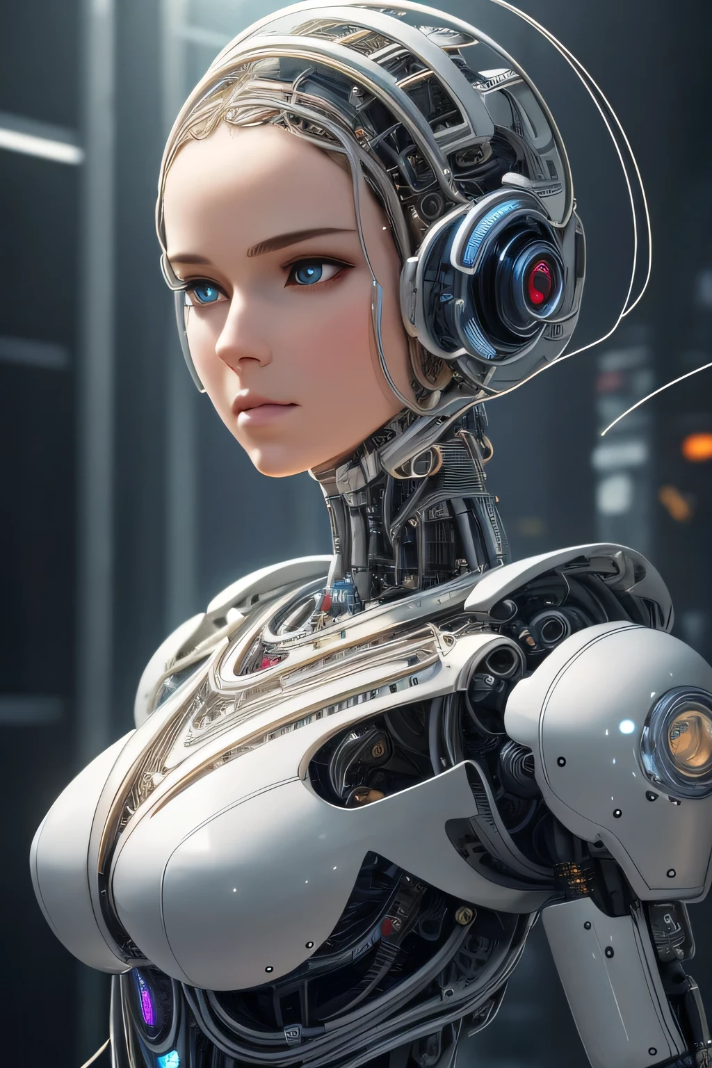 complex 3d render ultra detailed of a beautiful porcelain profile woman android face, cyborg, robotic parts, 150 mm, beautiful studio soft light, rim light, vibrant details, luxurious cyberpunk, lace, hyperrealistic, anatomical, facial muscles, cable electric wires, microchip, elegant, beautiful background, octane render, H. R. Giger style, 8k, best quality, masterpiece, illustration, an extremely delicate and beautiful, extremely detailed ,CG ,unity ,wallpaper, (realistic, photo-realistic:1.37),Amazing, finely detail, masterpiece,best quality,official art, extremely detailed CG unity 8k wallpaper, absurdres, incredibly absurdres, robot, silver halmet, full body