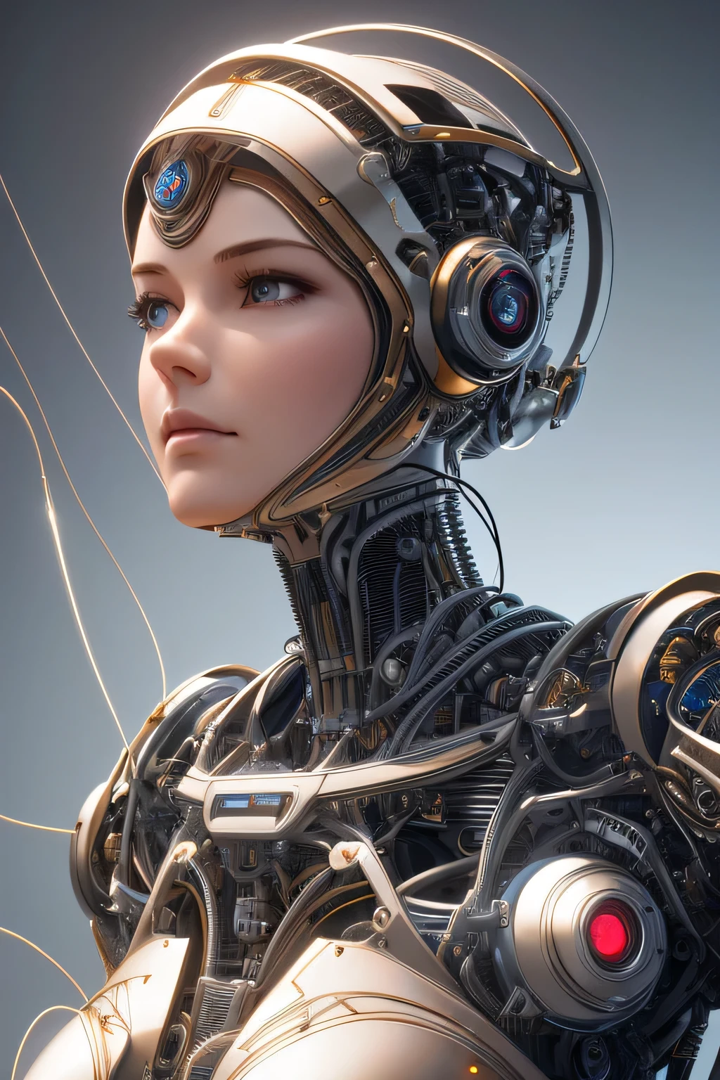 complex 3d render ultra detailed of a beautiful porcelain profile woman android face, cyborg, robotic parts, 150 mm, beautiful studio soft light, rim light, vibrant details, luxurious cyberpunk, lace, hyperrealistic, anatomical, facial muscles, cable electric wires, microchip, elegant, beautiful background, octane render, H. R. Giger style, 8k, best quality, masterpiece, illustration, an extremely delicate and beautiful, extremely detailed ,CG ,unity ,wallpaper, (realistic, photo-realistic:1.37),Amazing, finely detail, masterpiece,best quality,official art, extremely detailed CG unity 8k wallpaper, absurdres, incredibly absurdres, robot, silver halmet, full body