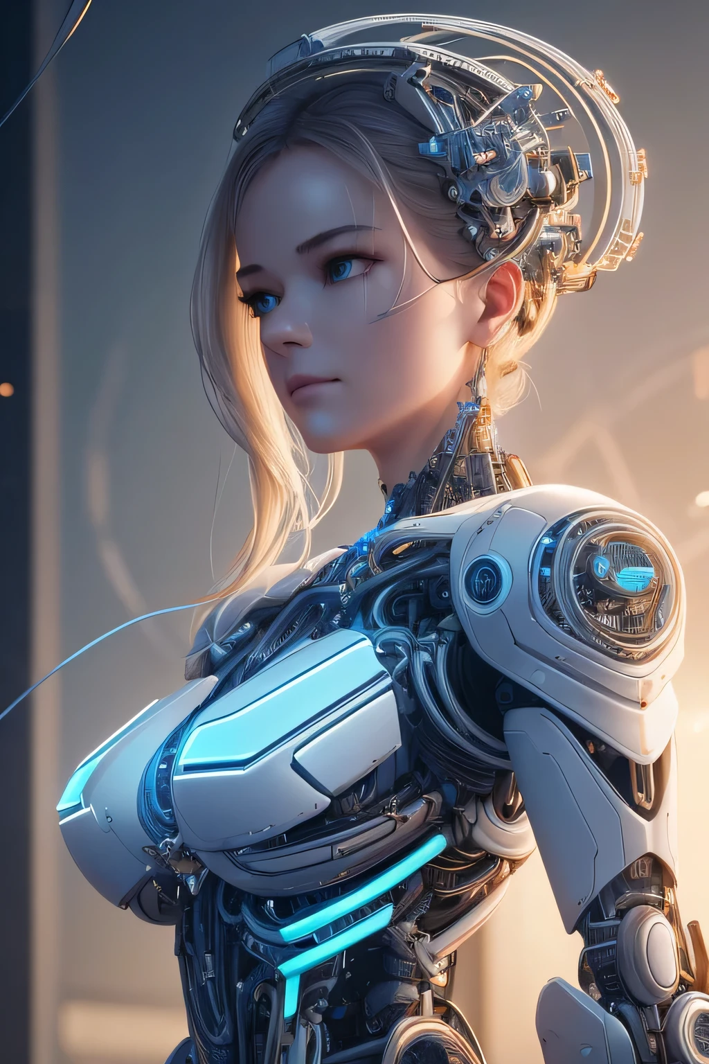 complex 3d render ultra detailed of a beautiful porcelain profile woman android face, cyborg, robotic parts, 150 mm, beautiful studio soft light, rim light, vibrant details, luxurious cyberpunk, lace, hyperrealistic, anatomical, facial muscles, cable electric wires, microchip, elegant, beautiful background, octane render, H. R. Giger style, 8k, best quality, masterpiece, illustration, an extremely delicate and beautiful, extremely detailed ,CG ,unity ,wallpaper, (realistic, photo-realistic:1.37),Amazing, finely detail, masterpiece,best quality,official art, extremely detailed CG unity 8k wallpaper, absurdres, incredibly absurdres, robot, silver halmet, full body