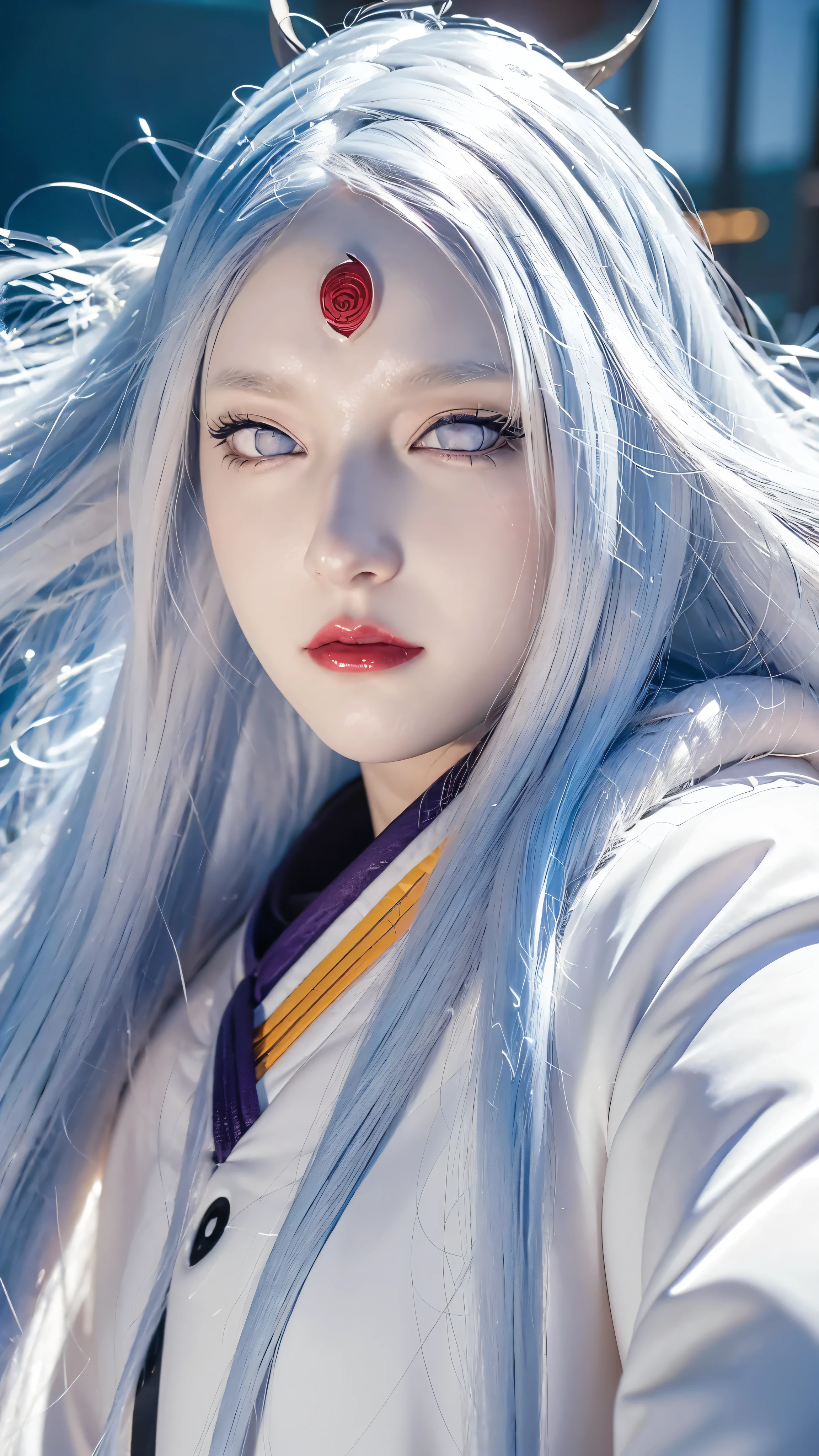 a close up of a person with long hair and a hoodie, otsutsuki kaguya, kaguya from anime naruto, as an anime character, perfect anime face, she has white hair with bangs, female anime character, anime character, anime best girl, hime cut hairstyle, white hair, (red glossy lips:1.3), white eyes, smile, city background, (beautiful face:1.3)