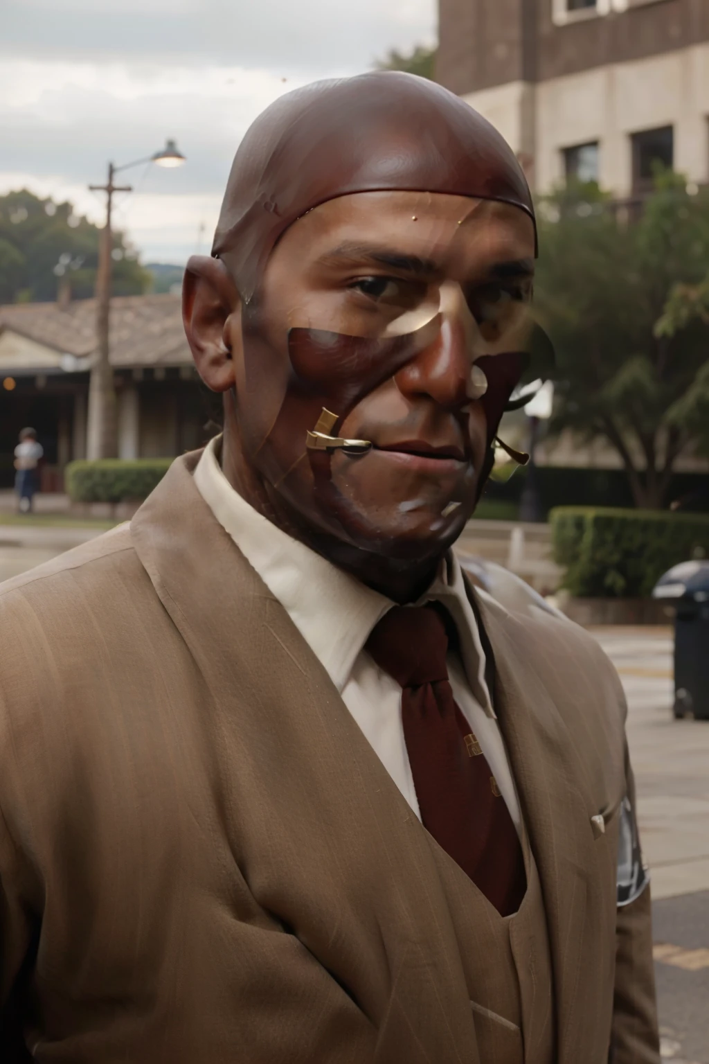 (masterpiece, best quality),  intricate details,
1boy,  solo, man, suit, tf2spy, redteam, face mask, realistic, live-action, detailed background, looking at viewers