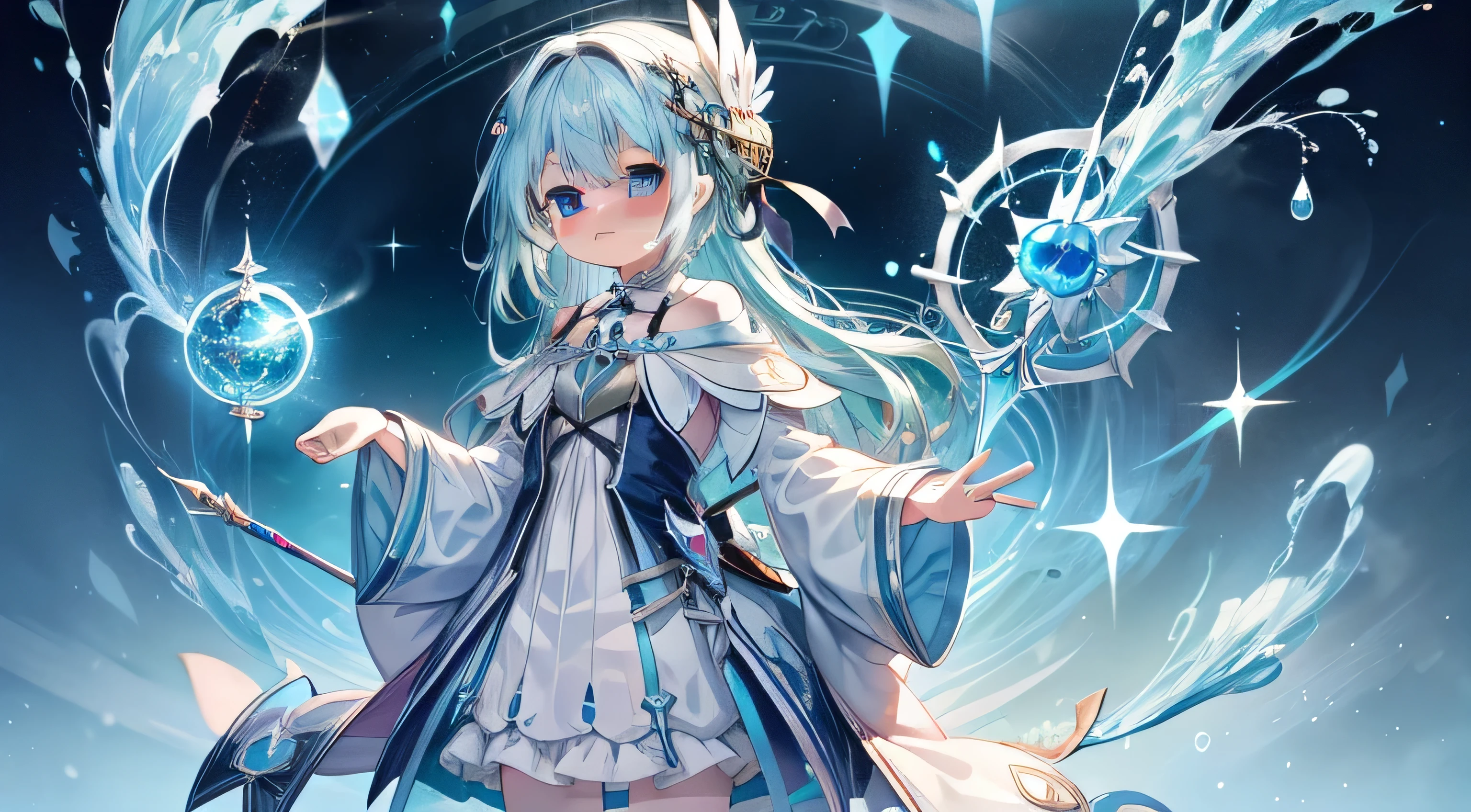 One girl、magical 、blue hairs、blue eyesagical Girl Costumeagic cane、masterpiece、top-quality、Top image quality、cute little、magia、Using magic