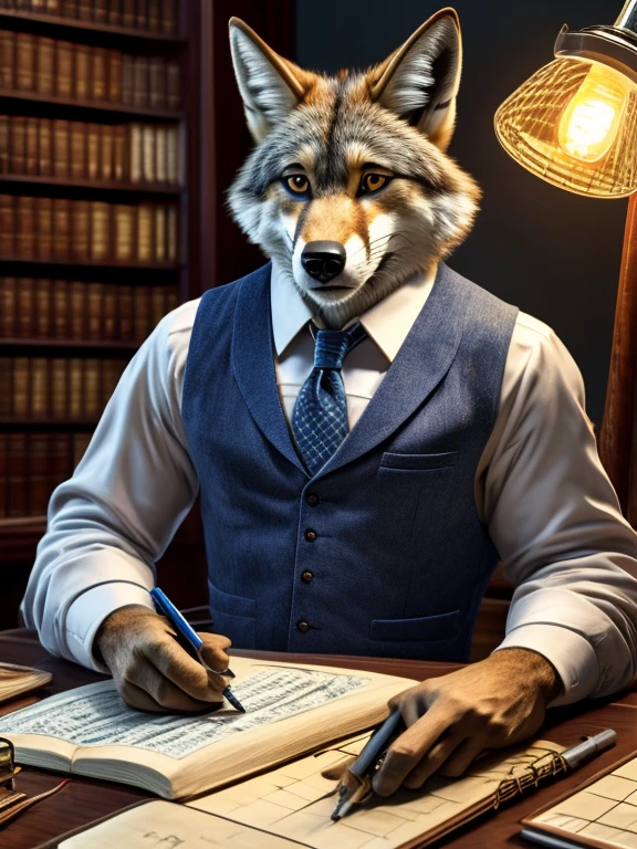 Male，coyote，enginer，old time bookkeeper，Black vest with white sleeves and blue tie，reporter，notebook，In the old time office，old time incandescent lamp，engineering blueprint，Drawing the blueprint