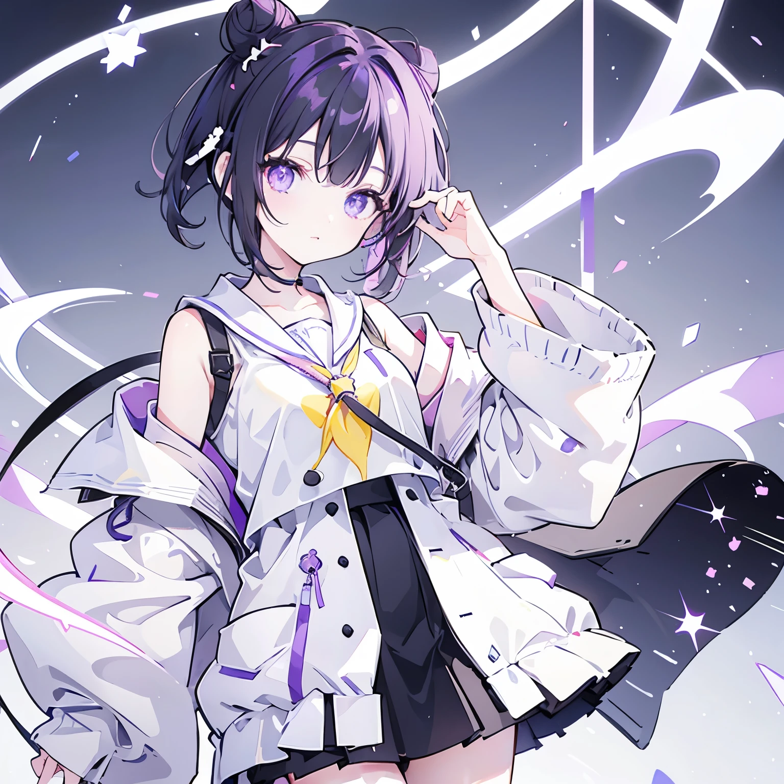Short black hair with half twin buns、He has heterochromatic eyes, with a purple left eye and a yellow right eye.、A cute and lively girl wearing earphones