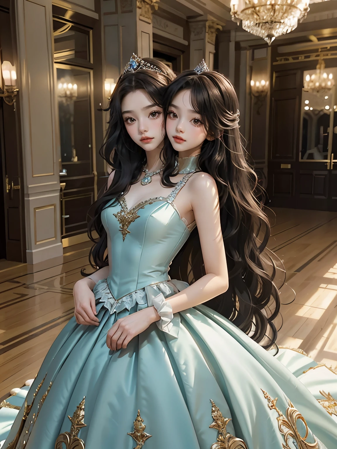 bestresolution, (2heads:1.2), princesses, tiaras on head, ballgown, princess dress, large dress, in a ballroom, large straight hair, extremely long hair, head in wind