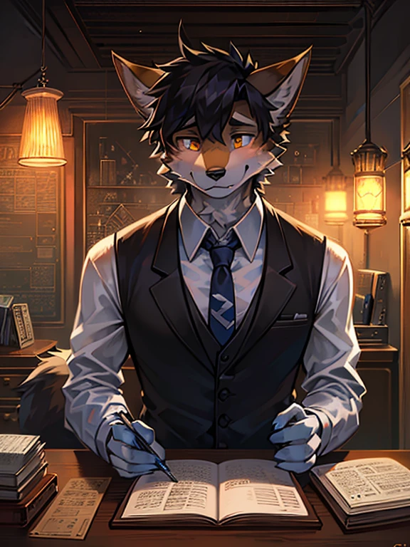 Male,coyote,enginer,old time bookkeeper,Black vest with white sleeves and blue tie,reporter,notebook,In the old time office,old time incandescent lamp,engineering blueprint,Drawing the blueprint