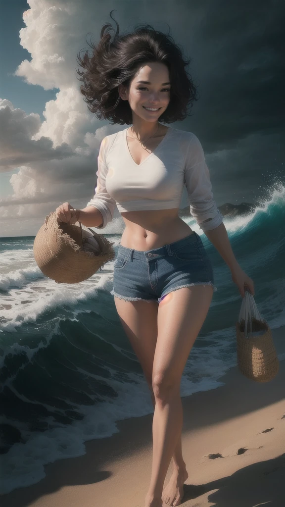 warm smile, top corto provocativo., pelo rubio, caminando, esfera de luz en la mano, ((walking on the beach)), (in the background, the beach with waves and white clouds), (the landscape is a beach with waves and white clouds)