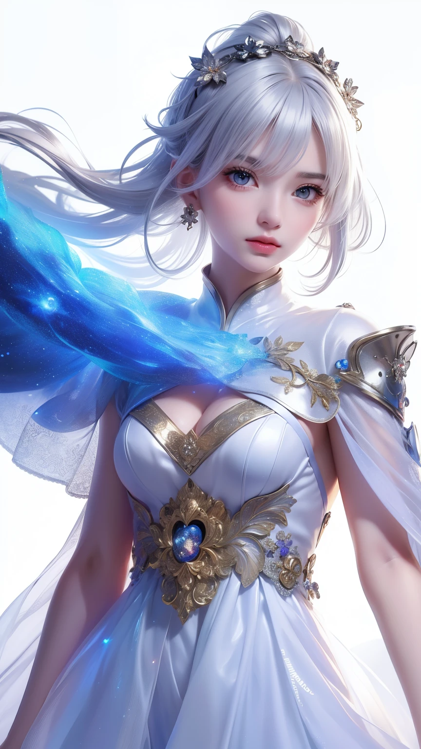 ((masterpiece)), (((highest quality))), ((Very detailed)), ((figure)),[Realistic light effects],Shadow,(Fantasy Style),(White Background:1.6), Simple Background, (Earth Theme),(Cape)[(Hair Focus,((One girl)),[Beautiful gray hair], (Hair in the background),(High saturation),(Hair surrounded by Galaxy Splash),)):((Her hair is made of galactic clouds,:1.27628), (Her hair and clothes are galactic clouds and star clusters:1.1025),(Cape is becoming galaxy clouds)