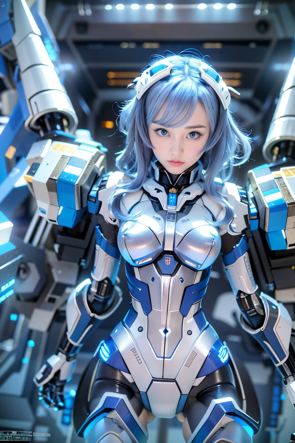 Wide-angle shot, 1 Female, Mecha, Sparkling blue eyes, Very cute face, (photorealistic:1.37), バイオMechaニカル, Complex robot, Bokeh spaceship interior background, Ultra-realistic, Super detailed, Extremely intricate details, Beautiful woman in sharp focus