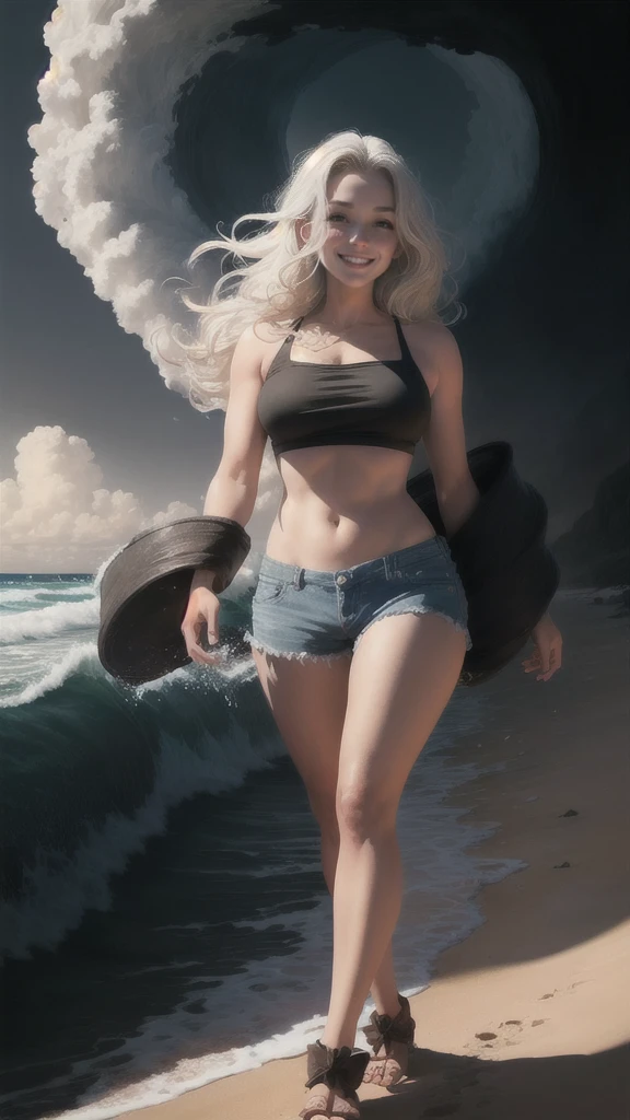 warm smile, top corto provocativo., pelo rubio, caminando, ((walking on the beach)), (in the background, the beach with waves and white clouds), (the landscape is a beach with waves and white clouds)