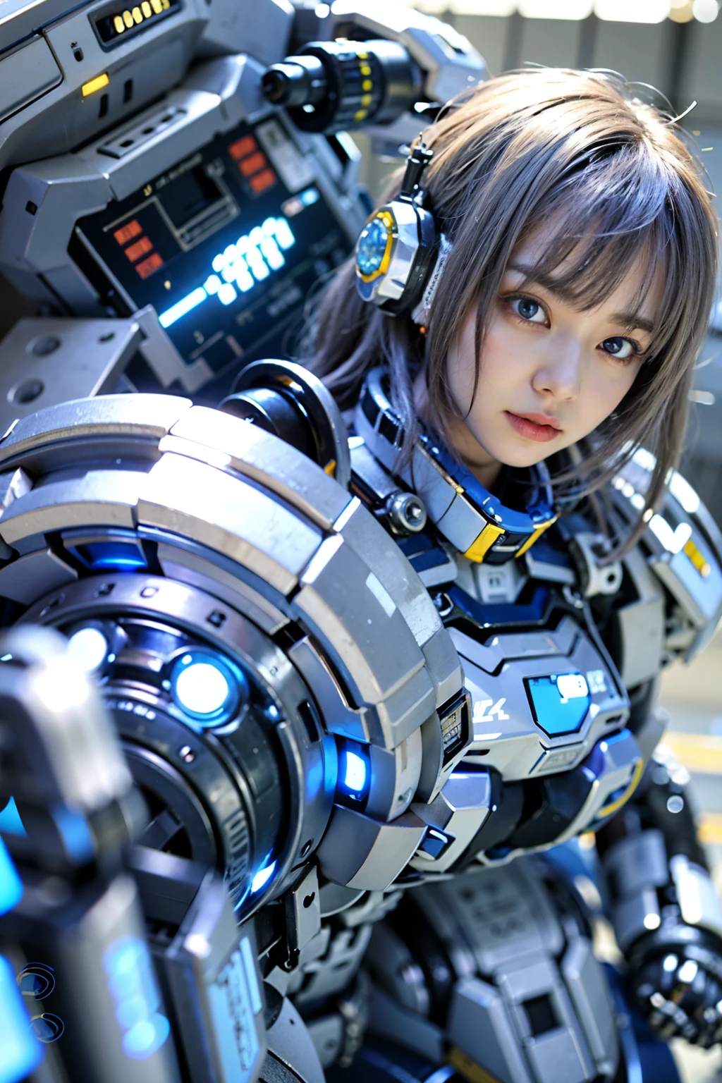 Wide-angle shot, 1 Female, Mecha, Sparkling blue eyes, Very cute face, (photorealistic:1.37), バイオMechaニカル, Complex robot, Bokeh spaceship interior background, Ultra-realistic, Super detailed, Extremely intricate details, Beautiful woman in sharp focus