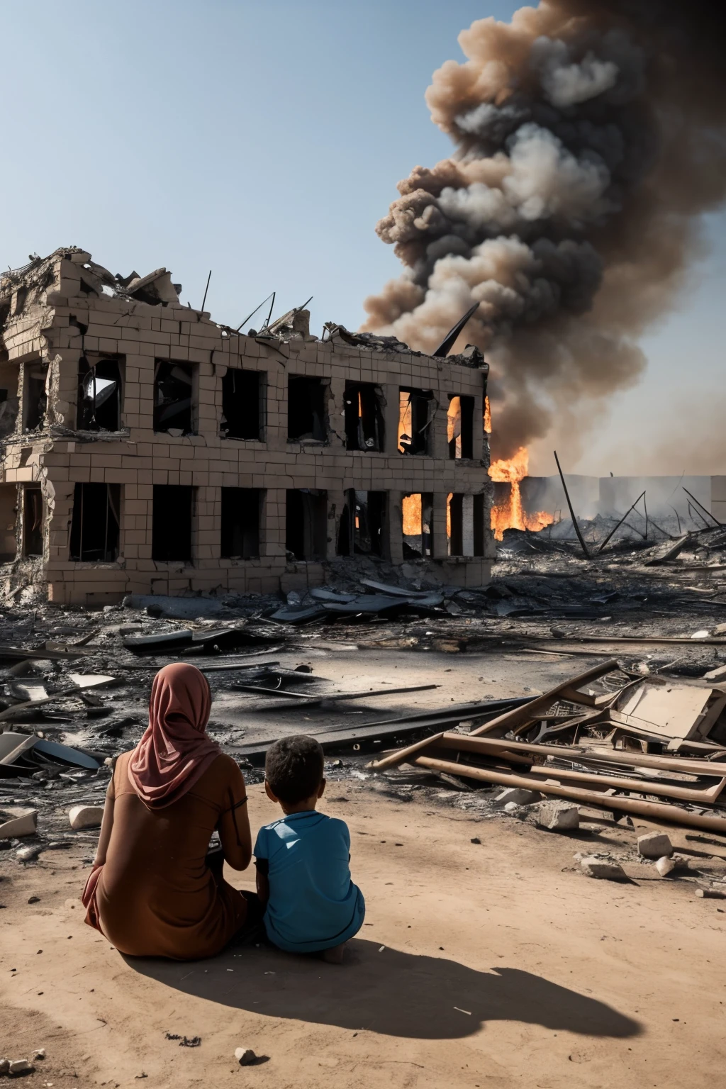 Syrian women and children，In front of the ruins of a burning building, author：Ibrahim Kodra, 8k movie still, author：Herakli Nadal, ( Apocalyptic ) 8k, Award-winning movie stills, movie still 8k, Iraqi Nadal, Apocalyptic 8k, Apocalyptic 8K, Pulitzer Prize for Photography, 4k / 8k, 4K/8K Large Aperture