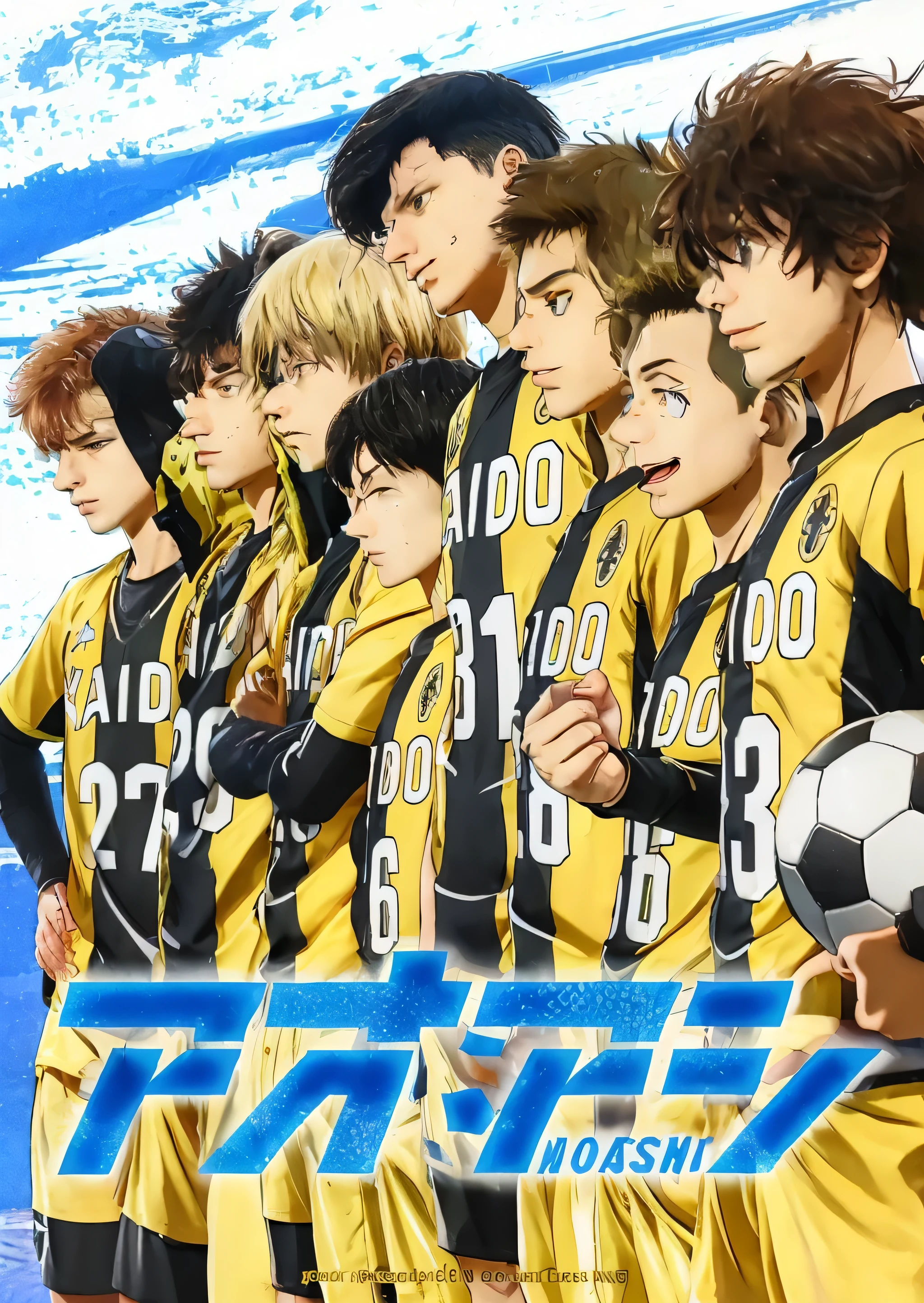 Group of young men. Yellow sports clothes.