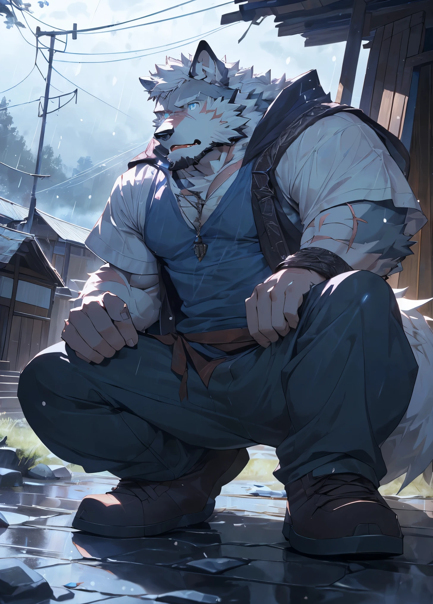 (masterpiece)，(Very detailed)，(best quality)，hairy，Wolf，White fur，white hair，Light blue pupils，(Ragged clothing，Broken sword)，Wooden house，Injuried，Full of scars，Bleeding from wounds，(exhausted)，Night，Rainy Day，rainstorm(Get down on one knee),8k，(high quality)，(Ultra HD)，(Super detailed