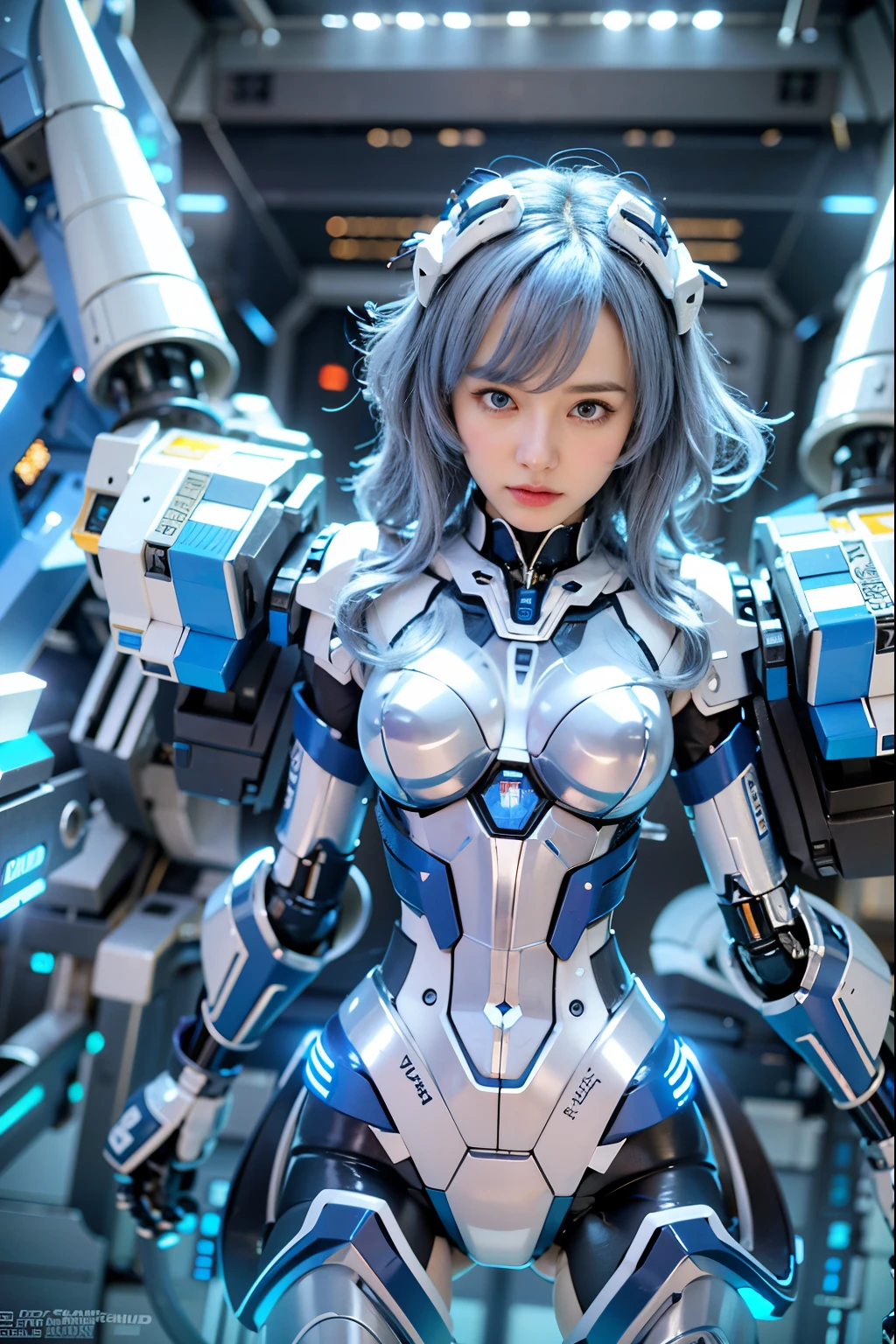 ((Intense action pose:1.6))、((Shining lenses on both breasts:1.3))、((Blue pillars of light are emanating from both chests.:1.3))、smile、((8K)), ((32k)), ((Highest quality)), ((masterpiece)), ((超A high resolution)), ((Tmasterpiece)), ((Halation:1.4))、((Mechaニカルheadgear:1.2))、((Cyber Headphones:1.3))、Fine skin, High quality fabric, Fine metal texture、((Beautiful and dense face))、RAW Photos、Professional, Ultra-fine painting, ((alone)), Beautiful breasts、Highest quality, Very detailed, Very detailed詳細, Finer details, so beautiful, ((Princess Knight Robot:1.2)), (Joints of machines, Mechanical Limbs:1.3), (The internal structure of the machine is exposed:1.3), (Long silver hair:1.1), (Beautiful and huge mechanical breasts)、White Veil, cowboy_shot, Side Focus, headgear, Shiny、(Five Fingers, Four fingers and thumb),Concept Art, Anime fantasy artwork, Detailed fantasy art, (with pale blue-violet hair and large white wings,,,,,,,), (((Long silver hair))), (Mecha:1.6)、Sleek and intimidating design, ((Commander-in-Chief'arm)), (Perfect robot body)、純白と青紫armまたは, Symmetrical wings, 8K high quality, detailed art, 3D rendering of character art in 8K, neat legs, Defined, Defined fingers,
