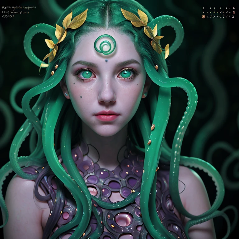 cinematic photo of a pale girl with aqua octopus tentacles in her hair, beautiful octopus woman, perfect cute face, portrait of an octopus goddess, beautiful futuristic hair style, medusa's long flowing hair, portrait of teenage medusa, green eyes, golden laurel wreath, some tentacles are touching her , octopus goddess, tentacles growing from her face, covered in tentacles, young as jellyfish, beautiful female gorgon,(Close portrait:1.3),(feminine:1.4),(beautiful:1.4),(attractive:1.3),beautiful,pose calendar,perfectly detailed eyes,studio lighting,themed background. 35mm photography, film, Bokeh, professional, 4K, Highly detailed