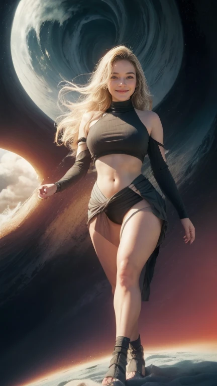 warm smile, top corto provocativo., pelo rubio, caminando, ((walking on the beach)), (in the background, the beach with waves and white clouds), (the landscape is a beach with waves and white clouds)