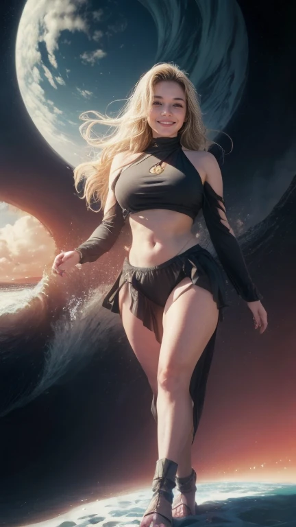 warm smile, top corto provocativo., pelo rubio, caminando, ((walking on the beach)), (in the background, the beach with waves and white clouds), (the landscape is a beach with waves and white clouds)