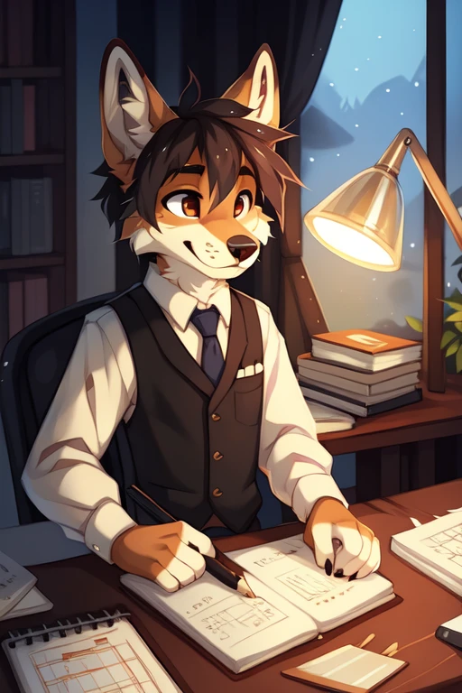 full body,Male,coyote,enginer,old time bookkeeper,Black vest with white sleeves and blue tie,reporter,notebook,In the old time office,old time incandescent lamp,engineering blueprint,Drawing the blueprint, ((by keihound, by reysi)), by Zackary911, by hyattlen, by fumiko, by fluff-kevlar, Furry, Anthro,