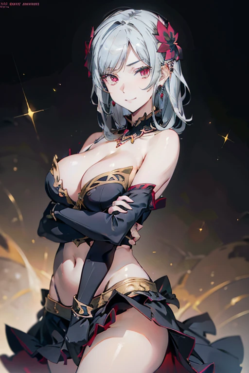 (dynamic angle:1.3, front view:1.1, breast focus:1.3, from below:1.2), (dynamic posing:1.5, sexy posing:1.2, leaning forward), (seductive smiling:1.3),(*K) HD, highest quality, Anime style beutiful woman, 1girl,fullbody, happy, (with sparkling eyes and a contagious smile:1.2), red face, closed mouth, beautiful detailed eyes, super detailed skin, backlighting, bare shoulders, black background, black dress, black gloves, silver hair, breasts, dress, earrings, fingerless gloves, floating hair, floral print, flower, gloves, gold earrings, gold hairband, hair flower, hair ornament, hairband, holding, holding two-hands weapon, jewelry, large breasts, long hair, looking at viewer, off-shoulder dress, off shoulder,red eyes, short hair with long locks, sidelocks, solo, spikes, thighs, two-sided dress, two-sided fabric, weapon, fighting stance , face, close up, from above, highest quality, high resolution,Real World, Natural light,perfect Natural light,looking at viewer,