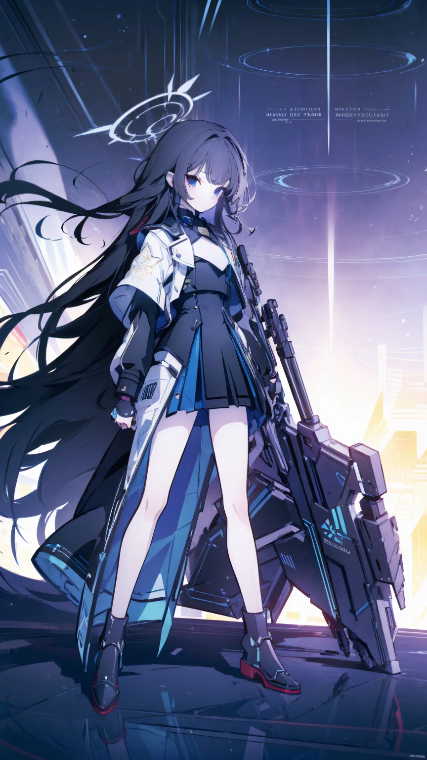 (masterpiece, top quality, best quality:1.2), extreme detailed, 1 girl, black long hair, flat chest, full body, black eyes, wearing millennium uniform with armor, blue archive, Millennium School, holding rifle, high tech, outdoors, nighttime