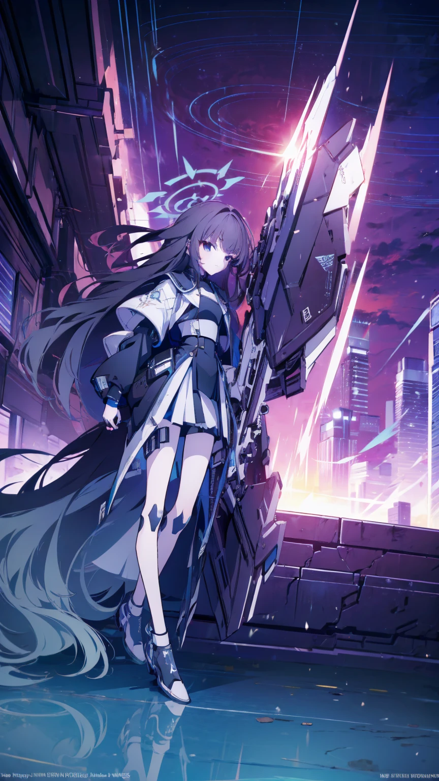 (masterpiece, top quality, best quality:1.2), extreme detailed, 1 girl, black long hair, flat chest, full body, black eyes, wearing millennium uniform with armor, blue archive, Millennium School, holding rifle, high tech, outdoors, nighttime