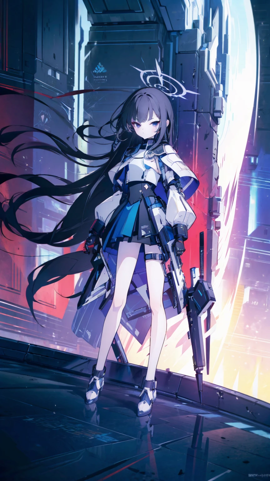 (masterpiece, top quality, best quality:1.2), extreme detailed, 1 girl, black long hair, flat chest, full body, black eyes, wearing millennium uniform with armor, blue archive, Millennium School, holding rifle, high tech, outdoors, nighttime