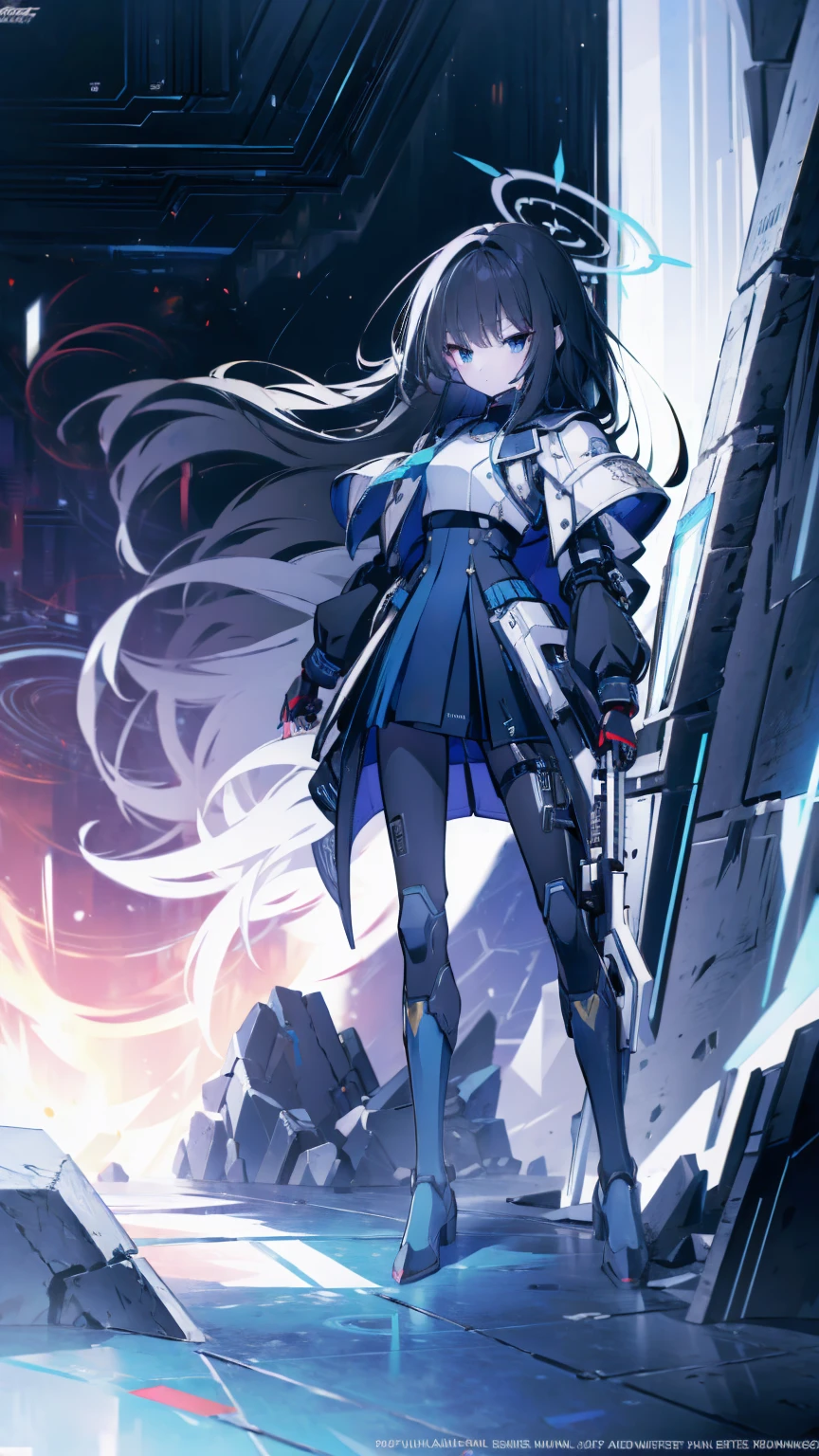 (masterpiece, top quality, best quality:1.2), extreme detailed, 1 girl, black long hair, flat chest, full body, black eyes, wearing millennium uniform with armor, blue archive, Millennium School, holding rifle, high tech, outdoors, nighttime