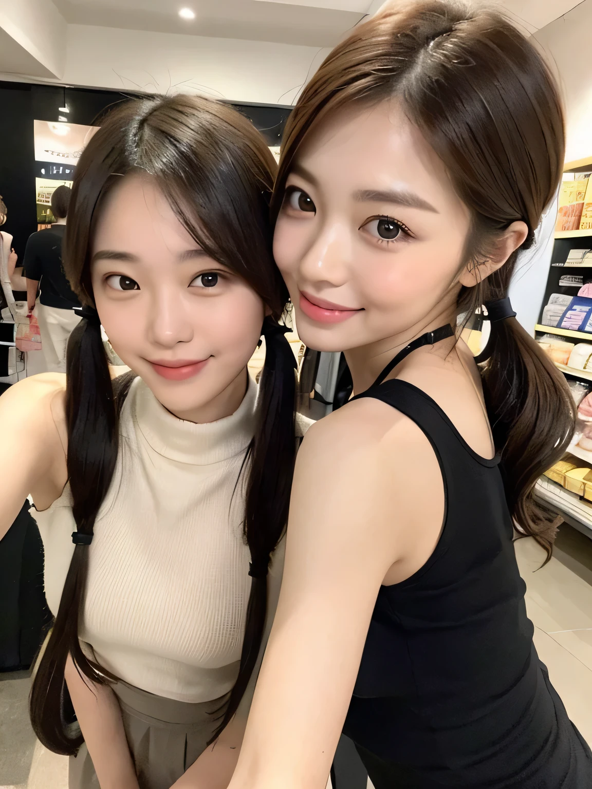 Two people、Smiling while shopping、fun、17 years old、whole body、slender、woman、White drool coming out of the mouth、Short hair, fair skin,Twin tails,、Super cute、Soft and Face、Brown Hair、8k resolution、Surreal、Ultra high definition、 Soft Body Tight Ass Night、A-cup small breasts（（Highest resolution、8k、masterpiece：1.3））、Ultra-fine face、Ultra Fine Lips、Beautiful Eyes、double eyelid,Girls&#39; High 、Navy blue lender body type、I can see your thighs、Shapely small breasts、