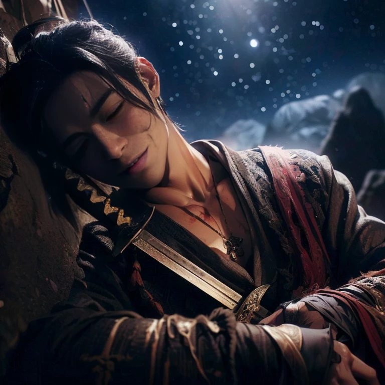 (Best Quality:1.2), (high resolution:1.2), (beautiful face and eye:1.5), (sharpest focus:1.2), (Ultra-realistic Photo:1.2), (Ultra-precise Photo:1.2), (Depth of field:1.2), (8k high resolution:1.2). (perfect :1.2), 
(nice hands:1.5), (perfect hands:1.5), (cynical smile:1.5), (A very young and beautiful Chinese man:1.0), (lying down quietly with closed sick eyes:1.8), (At the top of a steep rocky mountain:1.8), 
(Stars of Leo twinkling in the night sky:1.5), (Looking down angle:1.5), (holding a drawn sword:1.0), (Chinese warrior with very light armor and beat-up arms:1.0), (Pale complexion:1.5), 