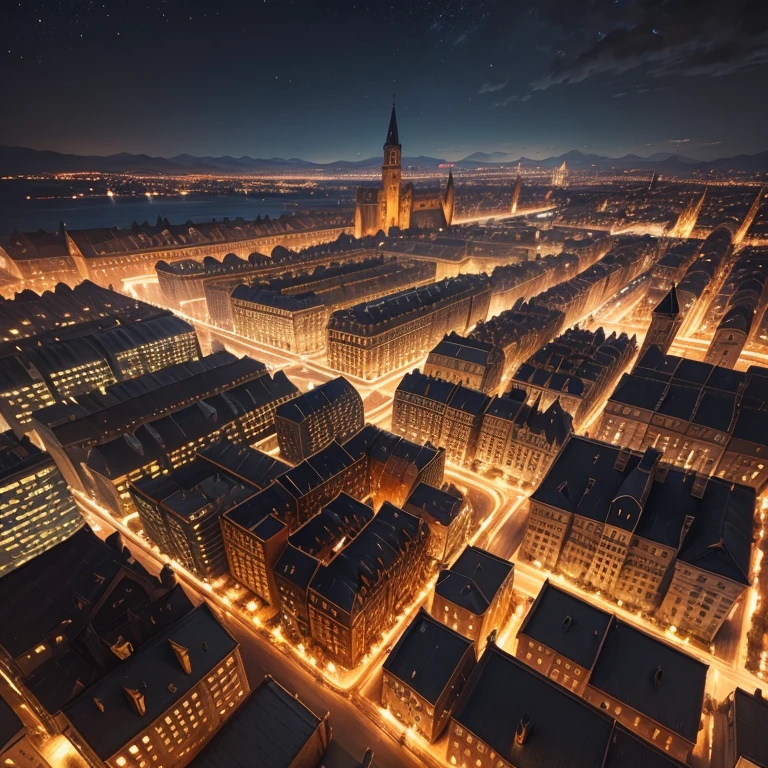 An oil painting of a night time medieval city with towers and roofs. Bird's-eye angle, viewing the city fom far above, dark with very low light from the city buildings, highly detailed, max quality —ar 16:9 —stylize 1000
