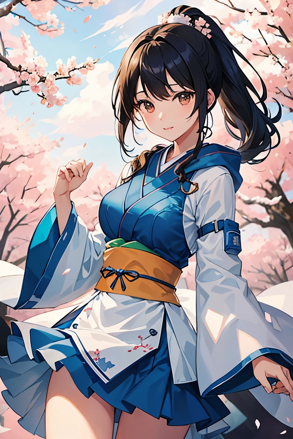 A captivating scene featuring a beautiful anime-style cute Japanese girl with distinctive facial features, Spring wonderland background. Cute Japanese girl has black hair in a ponytail, single eyelid, Hooded, humid, Deep Set, Striking, deep orange, captivating eyes. Her face turns into a gentle smile. Age . she、He will be wearing a Japan Air Safety Defense Force suit decorated with intricate and cool designs.。. The suit is light blue and silver. The background depicts a row of cherry blossom trees and an air force base., Create a magical New Year atmosphere. She is filmed in action jumping around in a playful, self-defensive manner., Add fighting moves and joyous combat to your scenes. By combining these elementasterpieceのような超特別な品質の画像が生まれるはずです。.,tachibana kanade、highest quality、masterpiece、beautiful girl、Big Breasts、Voluptuous thighs
